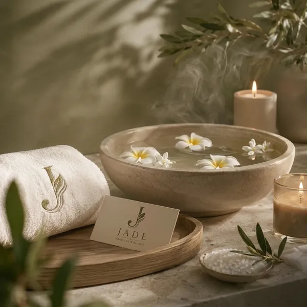 A calm Jade wellness still — towels, tea, and candlelight